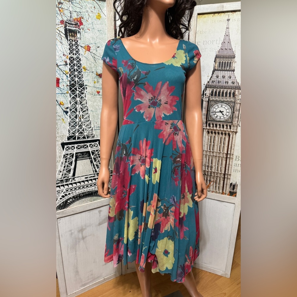 Anthropologie Weston Wear Quimby Floral Keyhole Dress Teal Midi Small